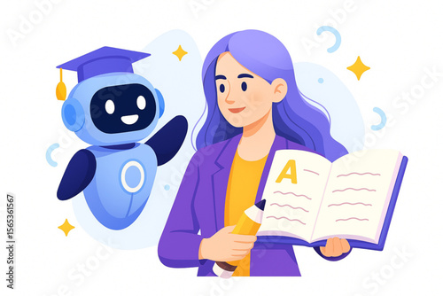 Cute cartoon showing an instructor with a robotic teacher, illustrating AI education, modern learning and innovative technology in the classroom.