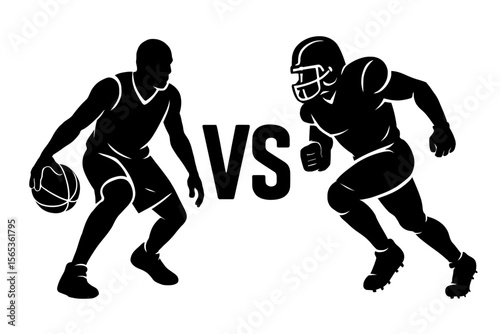 Dynamic Black and White Silhouette: Basketball Player vs. American Football Player - Representing Sports Rivalry and Competition