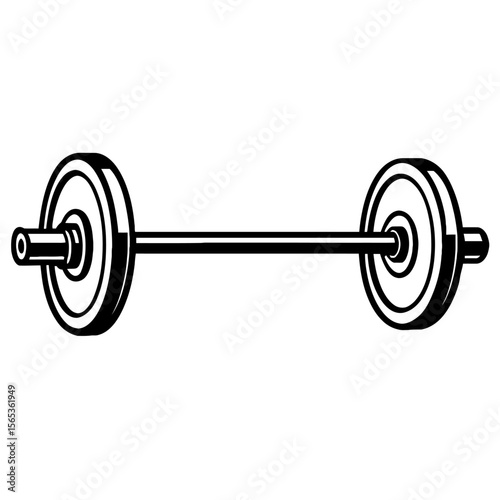 Black and White Outline Vector Illustration of a Barbell with Weights - Fitness and Strength Training Equipment