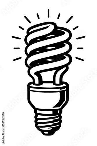 Black and White Outline Vector of a Glowing CFL Energy Saving Light Bulb - Symbol of Eco-Friendly Illumination