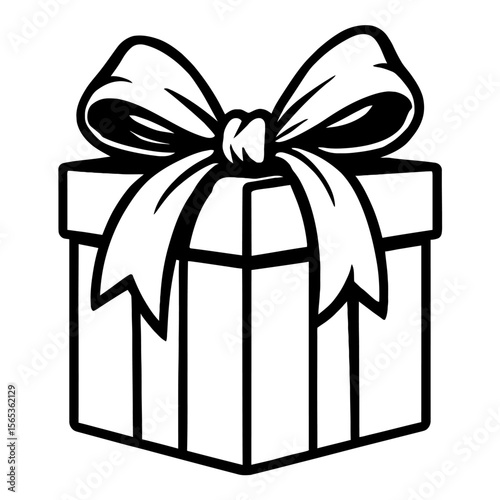 Black and White Outline Vector Illustration of a Wrapped Gift Box with Bow - Perfect for Celebrations and Presents