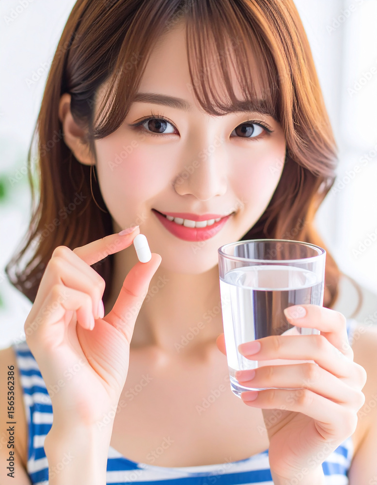 サプリメントを飲む若い女性 サプリメントを飲む若い女性