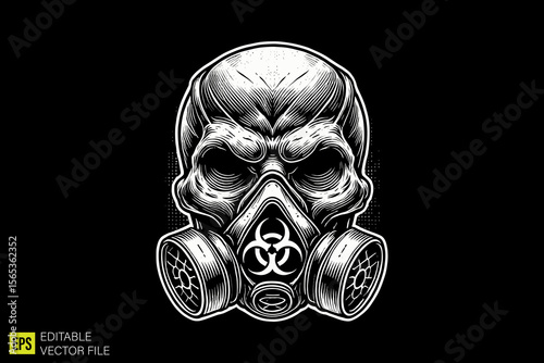 skull with gas mask illustration dark art scary creepy style tattoo vector black and white background templates