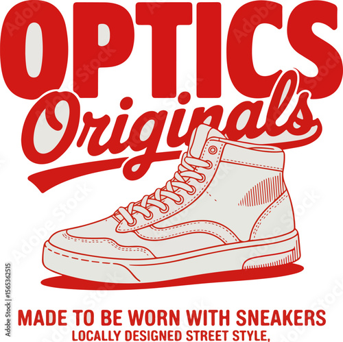 Optics originals red and white graphic design featuring a sneaker and text