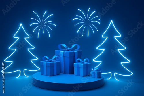 Blue Neon Christmas Scene with Gifts and Festive Fireworks Display