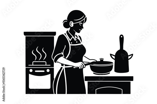 a woman cooking food in a kitchen vector art illustration