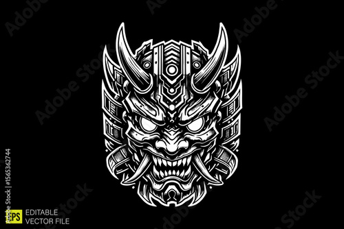 oni mask head illustration dark art scary creepy style tattoo vector black and white background templates