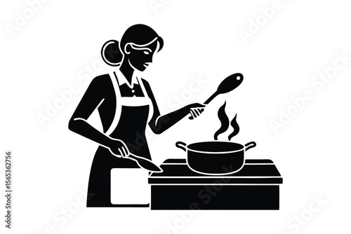 a woman cooking food in a kitchen vector art illustration