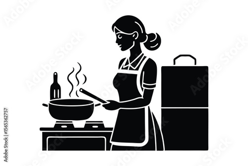 a woman cooking food in a kitchen vector art illustration