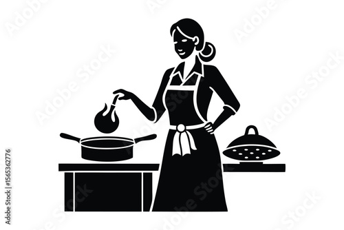a woman cooking food in a kitchen vector art illustration