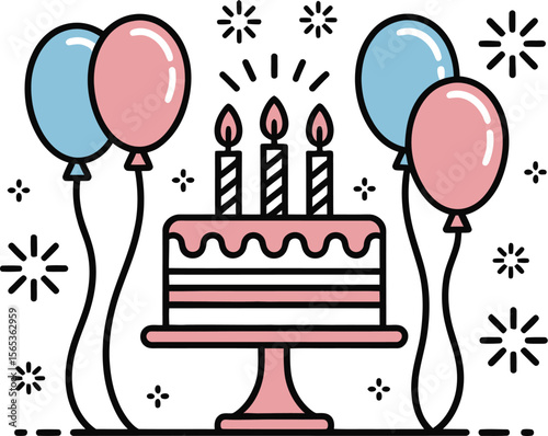 Illustration of a birthday cake with three candles and balloons on a light background with sparkles