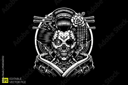 geisha mythology  illustration dark art scary creepy style tattoo vector black and white background templates