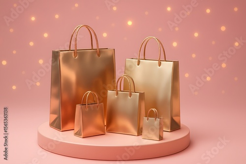 Elegant Gold Shopping Bags on Pink Background with Soft Bokeh Lights