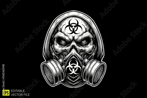 skull with gas mask illustration dark art scary creepy style tattoo vector black and white background templates