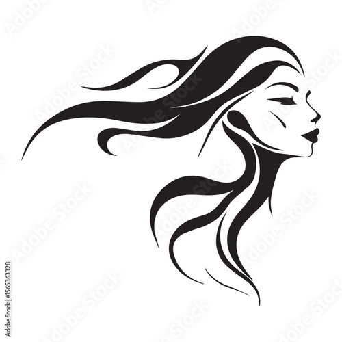 Elegant black silhouette of a woman s profile with flowing hair on a white background