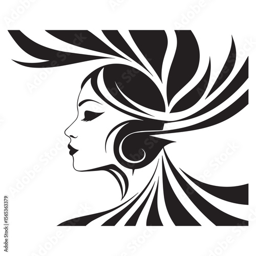 Elegant black and white silhouette of a woman s profile with flowing abstract hair