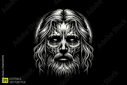 jesus christ head  illustration dark art scary creepy style tattoo vector black and white background templates