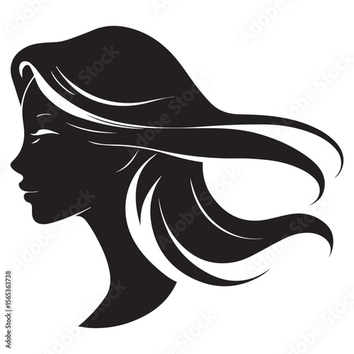 Elegant black silhouette of a woman s profile with flowing hair against a white background