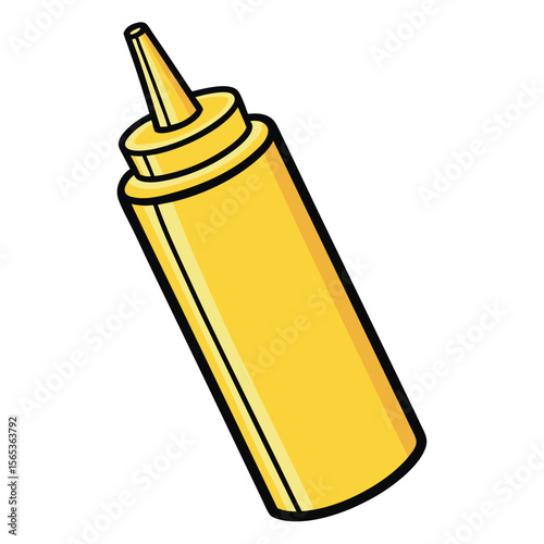 Yellow mustard squeeze bottle with black outline isolated on white background