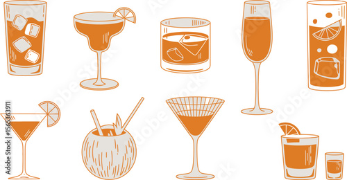 Illustration of assorted cocktails in various glasses with orange accents on a light background