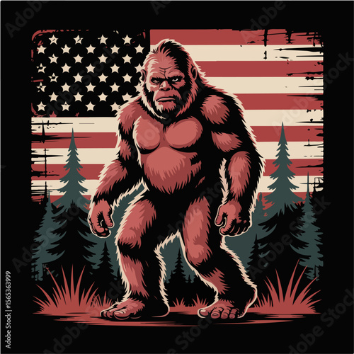Bigfoot stands proudly in front of a distressed american flag in a forest setting