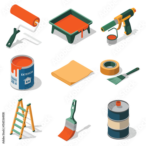 Exterior Painting Icons. Isometric Flat icon set vector of exterior painting after siding paint roller, paint tray, exterior paint can