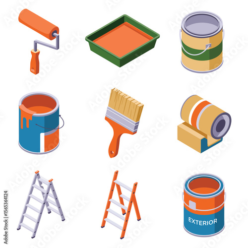 Exterior Painting Icons. Isometric Flat icon set vector of exterior painting after siding paint roller, paint tray, exterior paint can