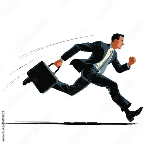 Determined businessman in a suit running with a briefcase conveying speed and ambition