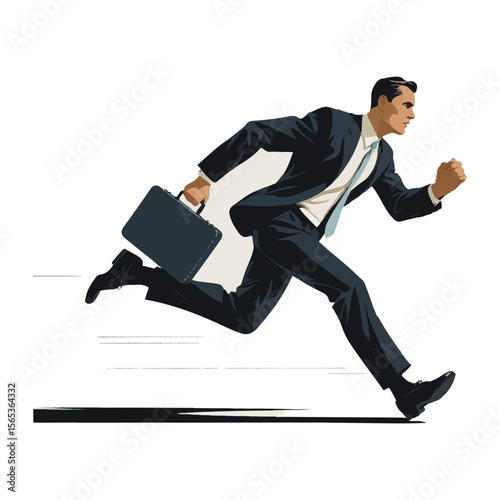 Dynamic businessman in a dark suit running with a briefcase conveying urgency and speed
