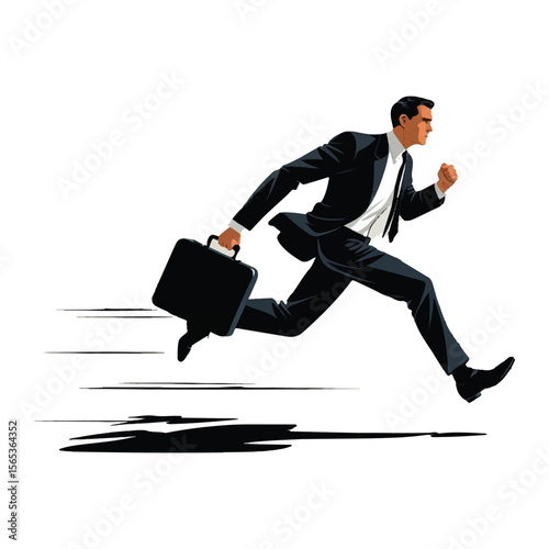 Dynamic businessman in a suit running with a briefcase conveying speed and ambition