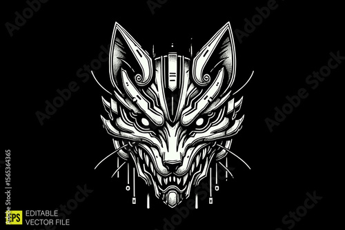 oni mask head illustration dark art scary creepy style tattoo vector black and white background templates
