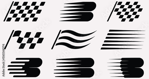 Dynamic Racing Icons A Collection of Speed and Competition Motifs Featuring Checkered Flags and Motion Graphics