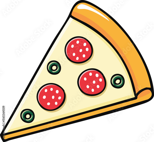 Cartoon illustration of a single slice of pizza with pepperoni and green olive toppings.