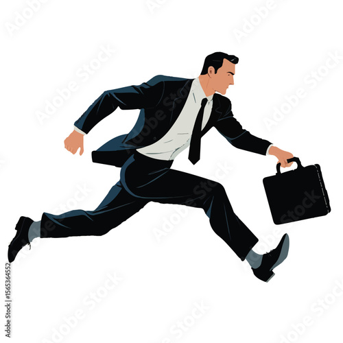 Dynamic businessman in a suit running with a briefcase conveying speed and determination