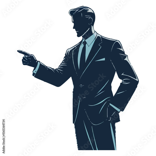 Silhouette of a sophisticated businessman in a suit pointing forward with determination and confidence