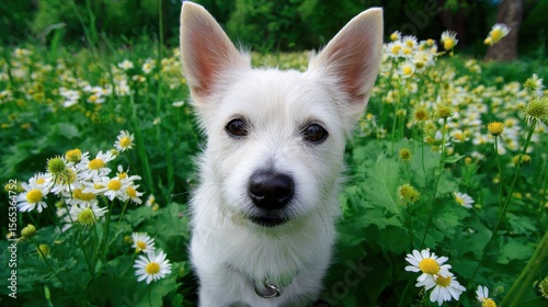 A charming white dog with pointy ears gazes directly at the camera while sitting amidst a lush field of daisies on a bright, sunny day in the sptime.
