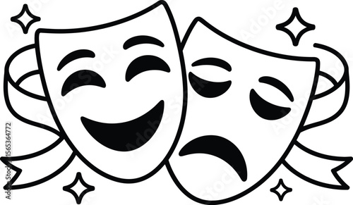 Illustration of comedy and tragedy masks with a red ribbon and sparkling stars on a white background
