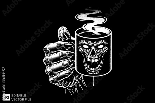 scary hand holding mug coffee  illustration dark art scary creepy style tattoo vector black and white background templates