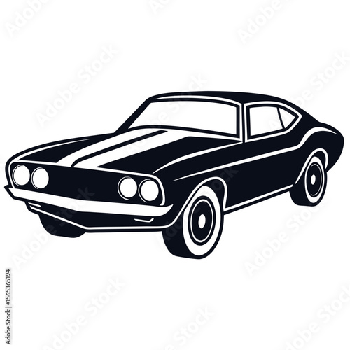 Classic american muscle car silhouette with racing stripes isolated on white background