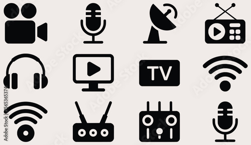 Media and Technology Icons Representing Audio, Video, Communication, and Connectivity in a Symbolic and Informative Arrangement