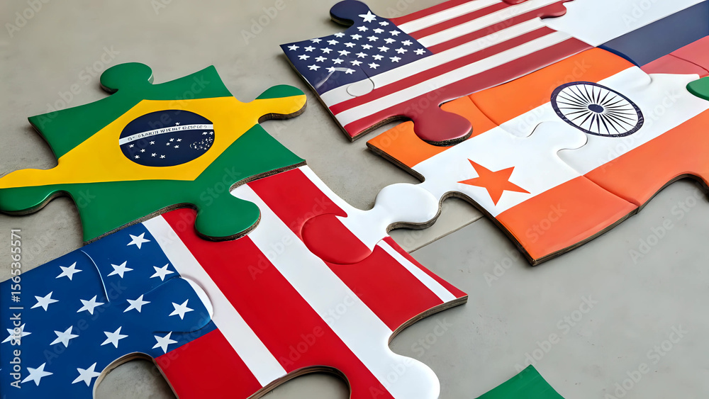 Obraz premium Global partnership puzzle with flags of different countries ; usa flag, united states, china flag, brazil flag, european union flag, spain flag - international cooperation and diplomacy concept