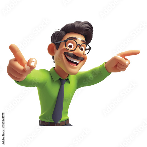 Happy cartoon businessman with glasses and mustache pointing in two directions with enthusiasm