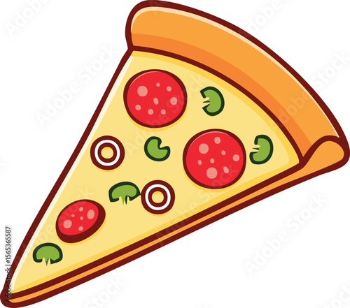 Cartoon illustration of a pizza slice with pepperoni, mushrooms, and onions.
