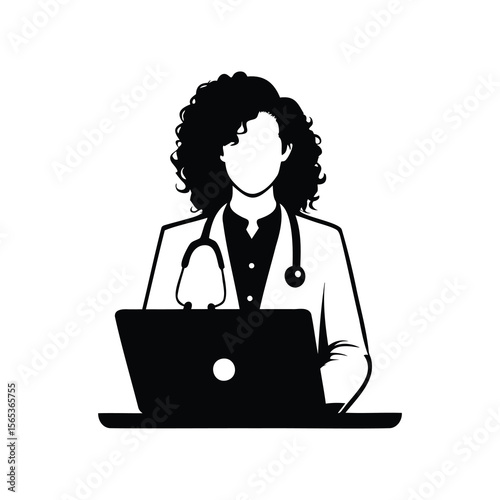 Silhouette of female doctor with curly hair working on laptop computer