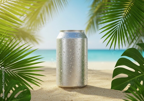 Blank Silver Soda Can Mockup on Sunny Tropical Beach