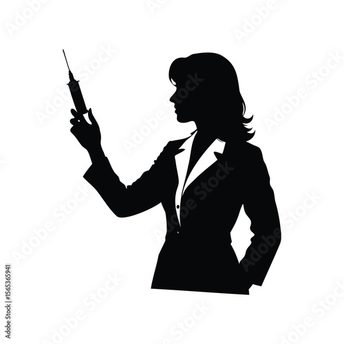Silhouette of a confident female doctor holding a syringe filled with medicine