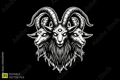 satanic goat  illustration dark art scary creepy style tattoo vector black and white background templates