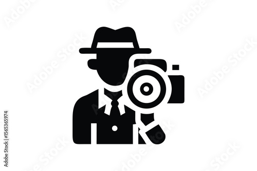 A person in a hat holding a camera, detailed black and white illustration, minimalist style, high contrast, dynamic composition

