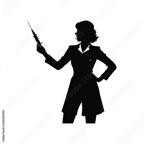 Silhouette of a vintage nurse with syringe in her hand, medical concept