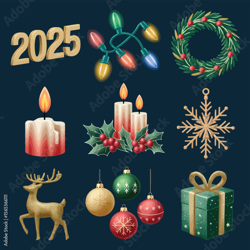 vector Happy New Year Celebrating 2025 in Latin letters , Christmas Decoration Items Santa Claus
